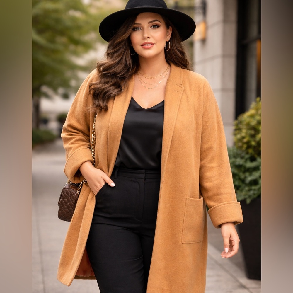 Vintage Camel Wool Blend Coat Peach Satin Lined Minimalist Jacket Size 20